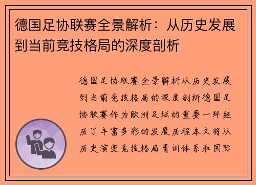 德国足协联赛全景解析：从历史发展到当前竞技格局的深度剖析
