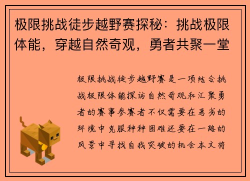 极限挑战徒步越野赛探秘：挑战极限体能，穿越自然奇观，勇者共聚一堂