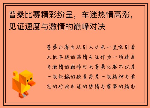 普桑比赛精彩纷呈，车迷热情高涨，见证速度与激情的巅峰对决