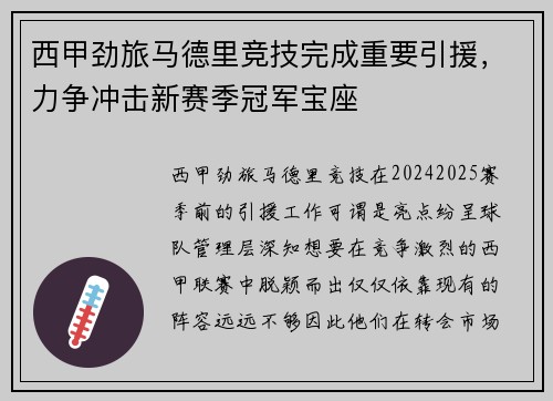 西甲劲旅马德里竞技完成重要引援，力争冲击新赛季冠军宝座